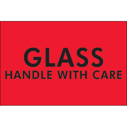 2 x 3" - "Glass - Handle With Care" (Fluorescent Red) Labels